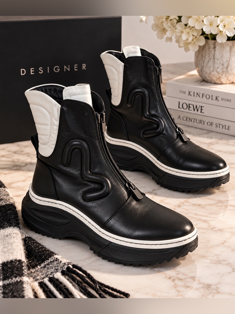 Designer Leather Ankle Boots Black White Chunky Platform Lug Sole Zip EU40 US9